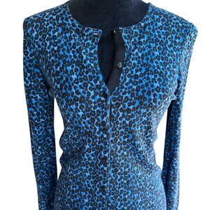 Ann Taylor Blue Animal Print Medium Button Long Sleeve Cardigan